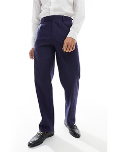 ASOS DESIGN - Pantaloni da abito dritti in misto lino blu navy
