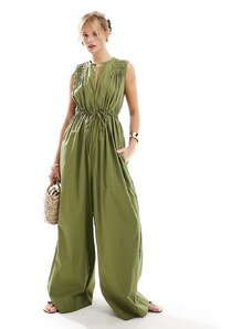 ASOS DESIGN - Tuta jumpsuit a fondo ampio allacciata in vita con spalle arricciate color kaki-Verde