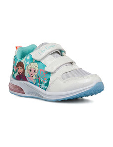 Sneakers primi passi bianche e turchesi da bambina con luci nella suola e logo Frozen