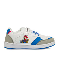 Sneakers primi passi bianche e blu da bambino con logo Super Mario