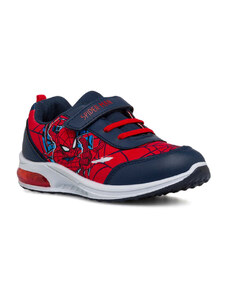 Sneakers blu e rosse da bambino con luci nella suola e logo Spiderman