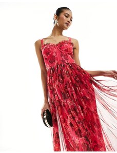 Lace & Beads - Vestito midi in tulle rosa e rosso a fiori con corsetto