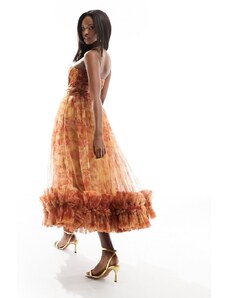 Lace & Beads - Vestito con gonna al polpaccio in tulle con volant sul fondo e dettaglio stile corsetto oro a fiori