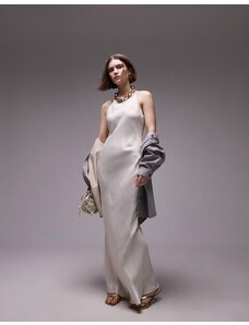 Topshop - Vestito lungo premium accollato color crema con spacchi laterali-Bianco