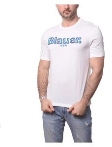 Blauer t-shirt da uomo a maniche corte in jersey di cotone e stampa logo bianco e blu