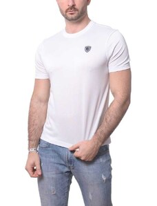 Blauer t-shirt da uomo a maniche corte in jersey di cotone e scudo logo nypd a contrasto bianco ottico