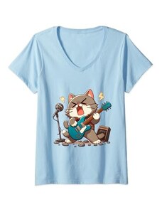 Funny Cat T-Shirt Guitar and Cat Lover Design Donna Gatto rock che suona la chitarra, divertente gatto chitarra Maglietta con Collo a V
