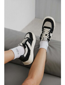 Women's Black & White Velour & Leather Low-Top Sneakers Estro ER00112594