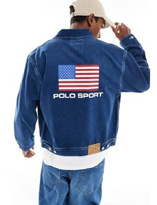 Polo Ralph Lauren - Sports Capsule - Giacca trucker di jeans lavaggio blu medio con logo-Bianco