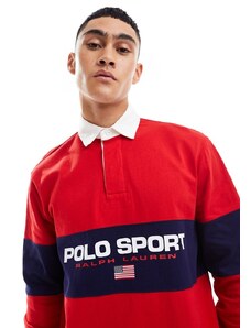 Polo Ralph Lauren - Sport Capsule - Polo stile rugby rossa con pannello con logo sul petto-Rosso
