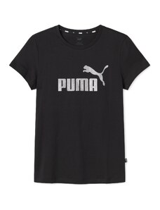 T-shirt nera da donna con logo grigio glitterato Puma Essentials+