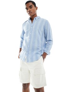 Hollister - Camicia a maniche lunghe blu a righe in misto lino