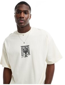 Selected Homme - T-shirt pesante oversize color crema con stampa di vaso sul petto-Bianco