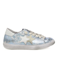2 Star sneakers da donna con stelle in vera pelle laminata white blue