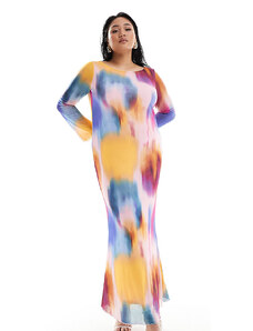 Vero Moda Curve - Vestito a maniche lunghe in rete con stampa multicolore sfocata