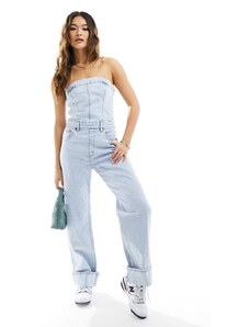 Abercrombie & Fitch - Tuta jumpsuit di jeans senza spalline lavaggio blu chiaro
