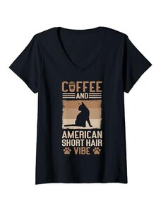 American Shorthair Cat Shirts & Coffee Lover Gifts Donna Cat Owner & Barista Motif - Coffee & American Shorthair Cat Maglietta con Collo a V