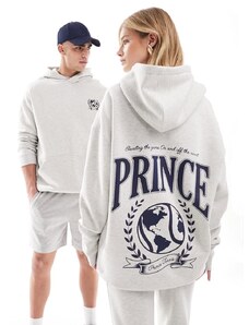 Prince - Felpa unisex grigio mélange con cappuccio e stampa stile college in coordinato