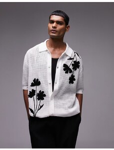 Topman - Camicia in maglia traforata con bottoni e rever bianca con applicazioni nere-Bianco