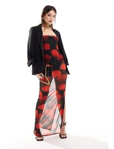ASOS DESIGN - Vestito lungo in rete trasparente con stampa di rose, body incorporato e spalline sottili-Multicolore