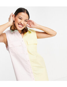 Esclusiva Noisy May - Vestito camicia con spalline imbottite color block rosa e giallo-Multicolore