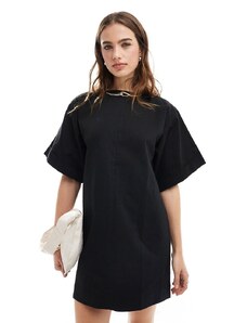 ASOS DESIGN - Vestito T-shirt corto oversize squadrata nera in twill di cotone-Nero
