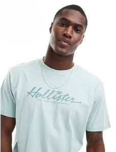 Hollister - T-shirt vestibilità comoda blu chiaro con logo ricamato tono su tono