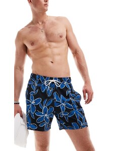 Hollister - Pantaloncini da bagno da 9“ neri con tasche laterali e stampa floreale blu-Nero