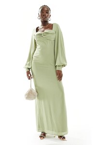 Pretty Lavish - Vestito lungo da damigella con maniche a palloncino verde oliva