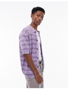 Topman - Polo in maglia lilla con motivo geometrico a righe e bottoni-Multicolore