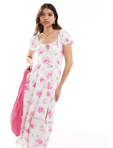 Hollister - Vestito midi con dettaglio in vita stile corsetto bianco con fiori rosa
