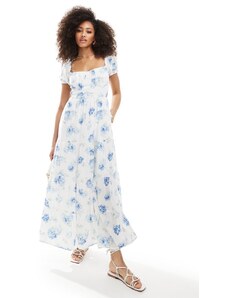 Hollister - Vestito lungo con bustino arricciato e cut-out sulla schiena bianco a fiori blu