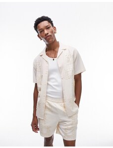 Topman - Camicia a maniche corte vestibilità classica bianco sporco ricamata in coordinato-Neutro