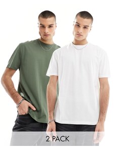ASOS DESIGN - Confezione da 2 T-shirt comode bianco e kaki-Multicolore
