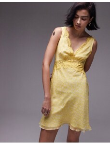 Topshop - Vestito corto morbido in pizzo floreale giallo con stampa