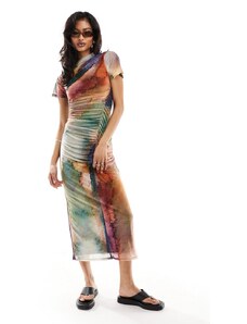 ASOS DESIGN - Vestito lungo in rete arricciata con stampa effetto acquerello-Multicolore