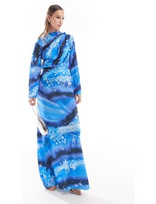 ASOS DESIGN - Vestito lungo in raso blu con stampa astratta con drappeggio sul corpetto