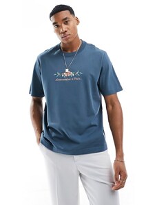 Abercrombie & Fitch - T-shirt pesante blu scuro con logo sul petto e ricamo floreale