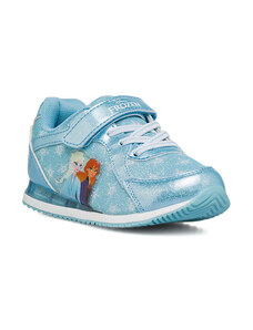 Sneakers primi passi azzurre da bambina con luci nella suola e stampa Frozen