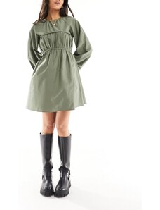 ASOS DESIGN - Vestito corto in popeline di cotone kaki con bustino arricciato-Verde