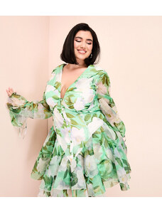 ASOS Luxe Curve - Vestito corto in organza verde a fiori con coppe-Multicolore