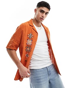 ASOS DESIGN - Camicia vestibilità comoda con rever color ruggine con ricami a punto croce sul davanti-Arancione