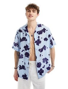 ASOS DESIGN - Camicia comoda blu rigato a fiori con rever-Blu navy