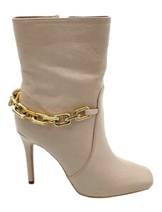 Malu Shoes Scarpe tronchetto punta donna con tacco alto sottile 12cm e plateau 1cm alla caviglia beige zip laterale con catena oro