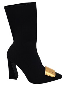Malu Shoes Stivaletti tronchetti donna a punta in licra effetto calzino nero con tacco largo 10 cm zip aderenti placchetta oro