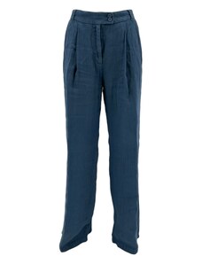 120% Lino pantalone donna in lino blu jeans con pinces