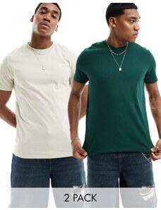 ASOS DESIGN - Confezione da 2 T-shirt verde scuro e grigio pietra-Multicolore