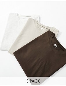 ASOS DESIGN - Confezione da 3 t-shirt girocollo comode, colore marrone pietra e bianco sporco-Multicolore