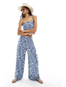 Abercrombie & Fitch - Pantaloni a fondo super ampio stropicciati blu con stampa in coordinato