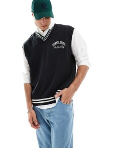 Tommy Jeans - Gilet taglio comodo stile college in maglia nero con logo